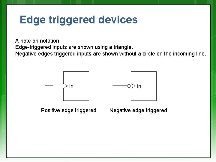 Edge triggered devices A note on notation: Edge-triggered inputs are shown using a triangle.