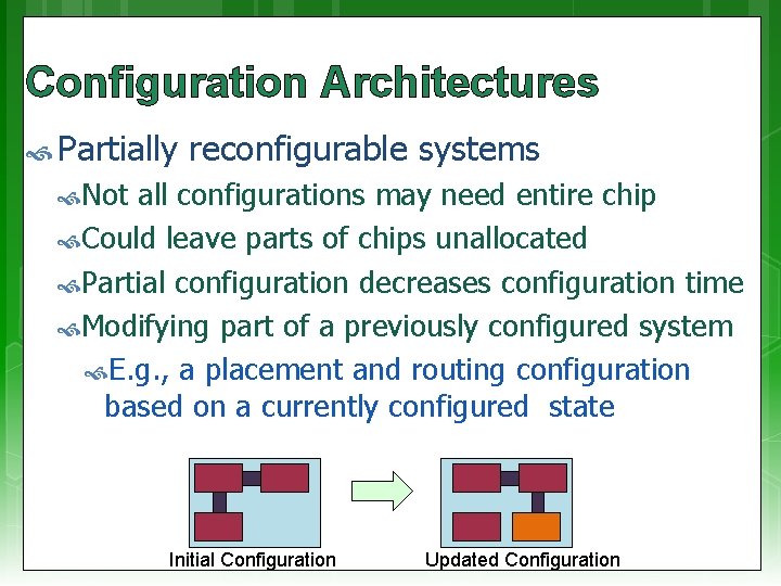 Configuration Architectures Partially reconfigurable systems Not all configurations may need entire chip Could leave