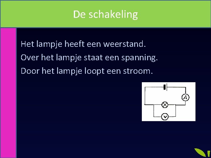 De schakeling Wet van Ohm • Het lampje heeft een weerstand. • Over het