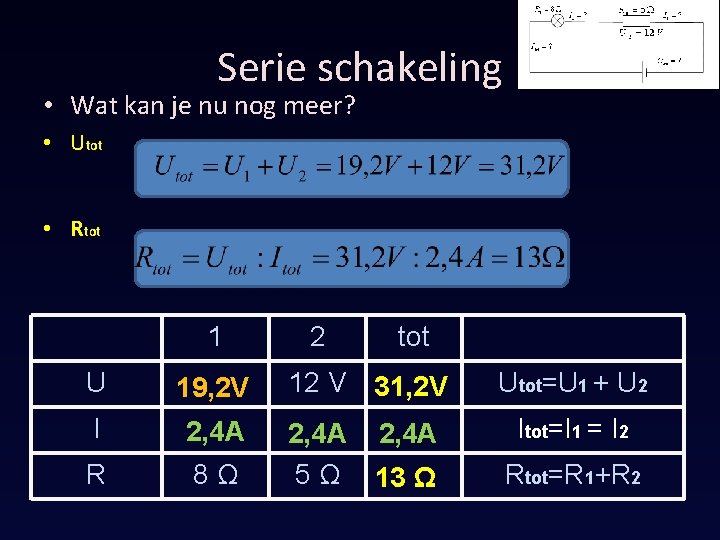 Serie schakeling • Wat kan je nu nog meer? • Utot • Rtot 1