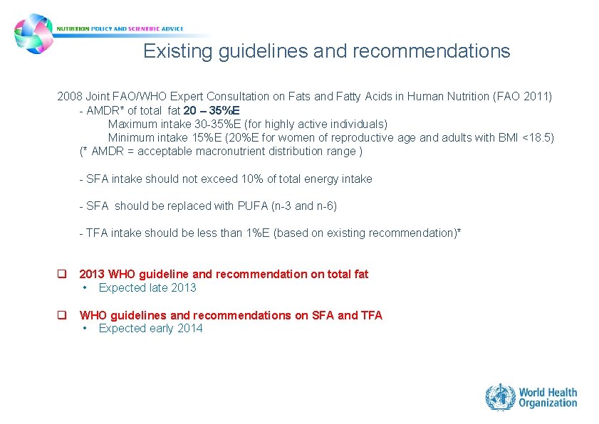 Existing guidelines and recommendations 2008 Joint FAO/WHO Expert Consultation on Fats and Fatty Acids Existing guidelines and recommendations 2008 Joint FAO/WHO Expert Consultation on Fats and Fatty Acids