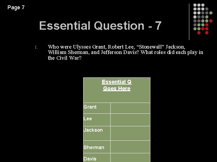 Page 7 Essential Question - 7 1. Who were Ulysses Grant, Robert Lee, “Stonewall”