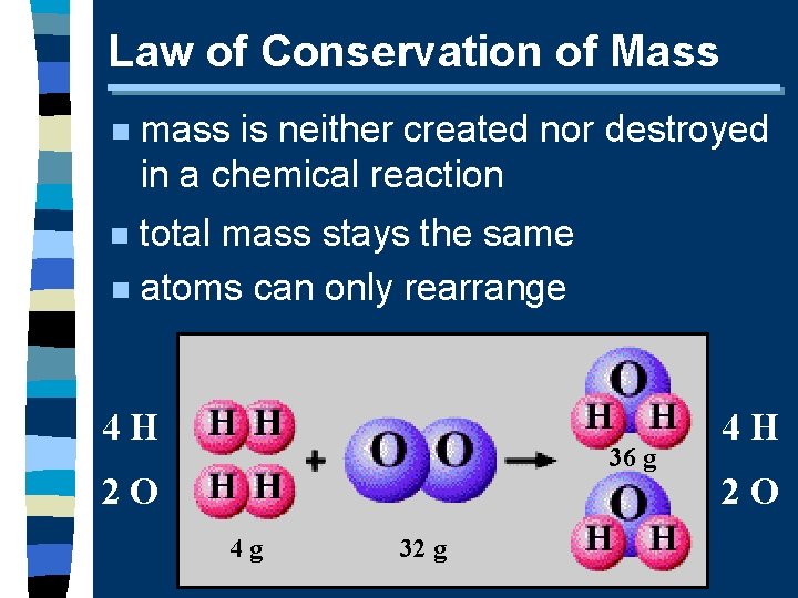 Law of Conservation of Mass n mass is neither created nor destroyed in a