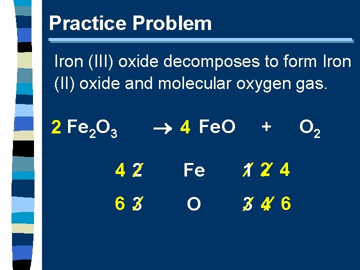 Practice Problem Iron (III) oxide decomposes to form Iron (II) oxide and molecular oxygen