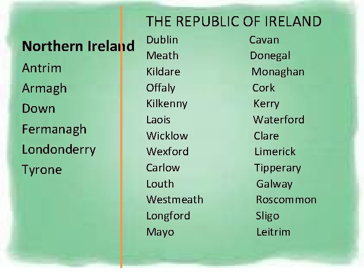 THE REPUBLIC OF IRELAND Northern Ireland Antrim Armagh Down Fermanagh Londonderry Tyrone Dublin Meath