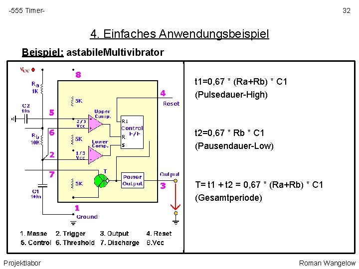 -555 Timer- 32 4. Einfaches Anwendungsbeispiel Beispiel: astabile. Multivibrator t 1=0, 67 * (Ra+Rb)