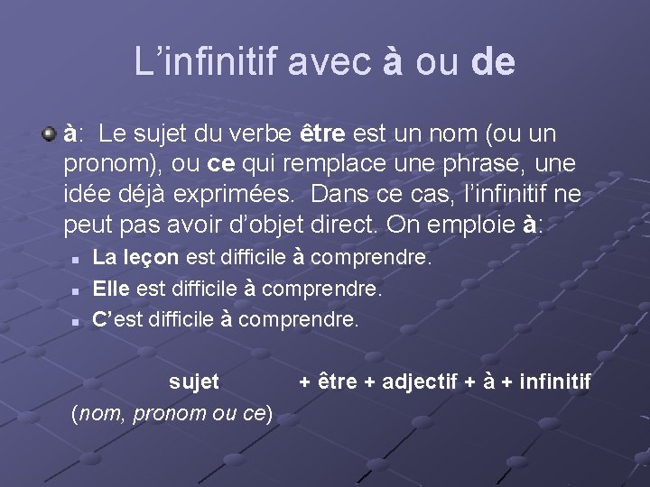 L’infinitif avec à ou de à: Le sujet du verbe être est un nom