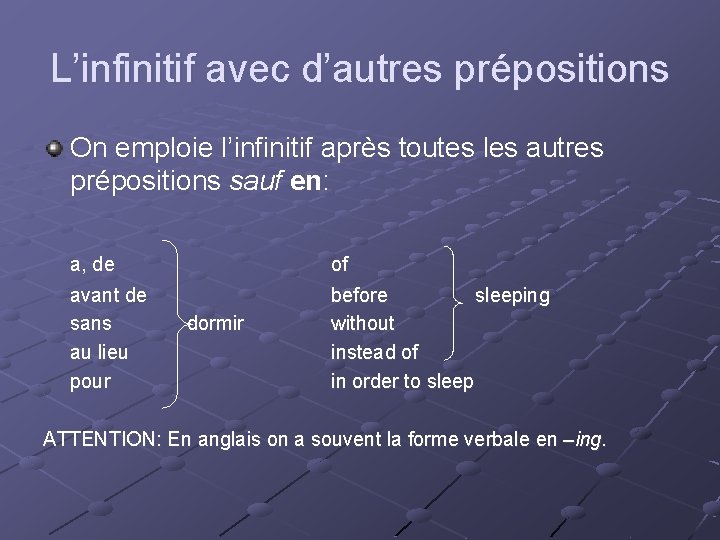 L’infinitif avec d’autres prépositions On emploie l’infinitif après toutes les autres prépositions sauf en: