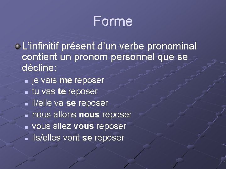 Forme L’infinitif présent d’un verbe pronominal contient un pronom personnel que se décline: n