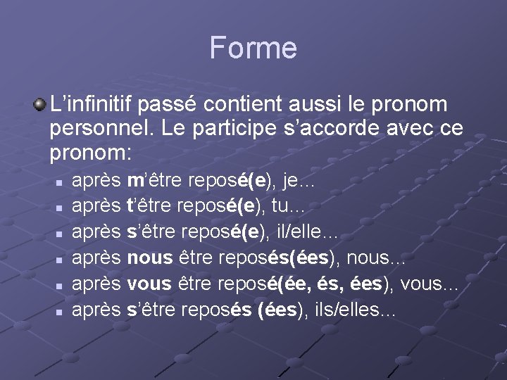 Forme L’infinitif passé contient aussi le pronom personnel. Le participe s’accorde avec ce pronom: