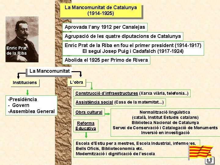 La Mancomunitat de Catalunya (1914 -1925) Aprovada l’any 1912 per Canalejas Agrupació de les
