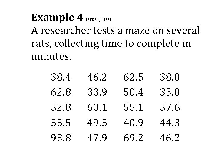 Example 4 A researcher tests a maze on several rats, collecting time to complete