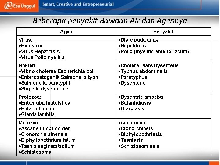 Beberapa penyakit Bawaan Air dan Agennya Agen Penyakit Virus: Rotavirus Virus Hepatitis A Virus