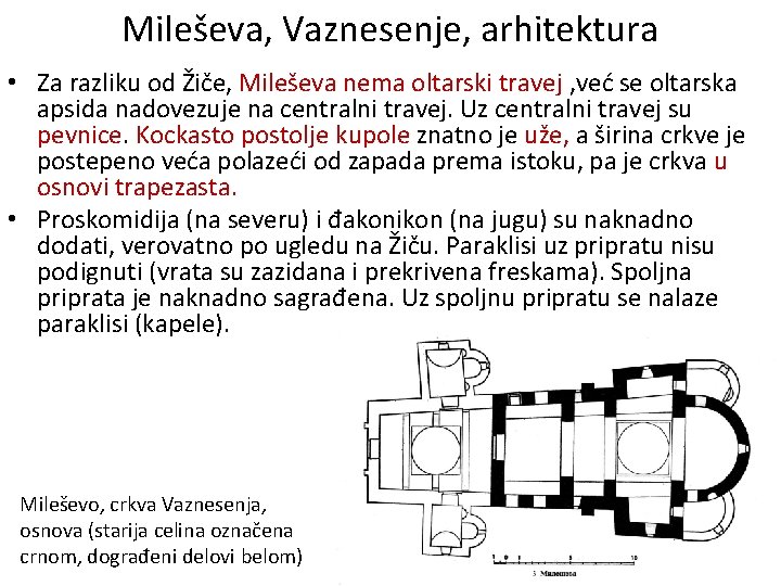 Mileševa, Vaznesenje, arhitektura • Za razliku od Žiče, Mileševa nema oltarski travej , već