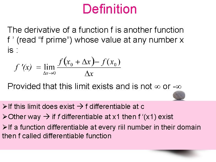 Definition The derivative of a function f is another function f ’ (read “f