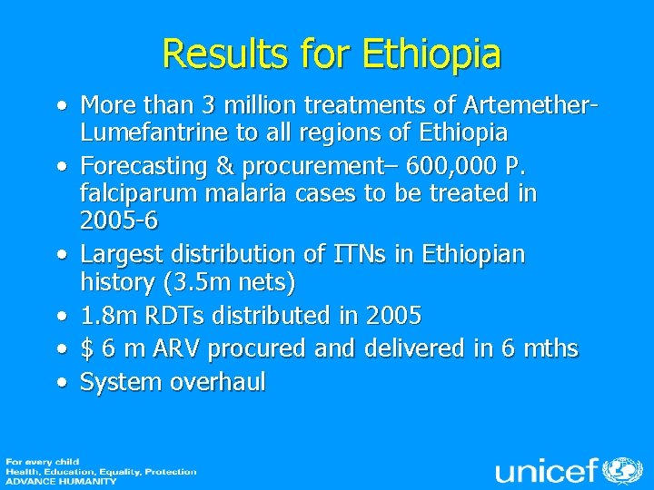 Results for Ethiopia • More than 3 million treatments of Artemether. Lumefantrine to all