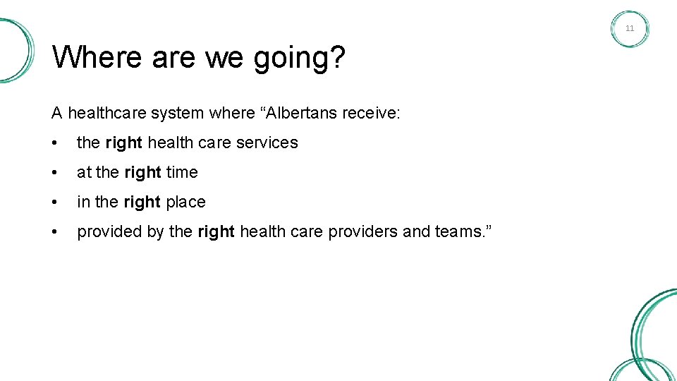 11 Where are we going? A healthcare system where “Albertans receive: • the right