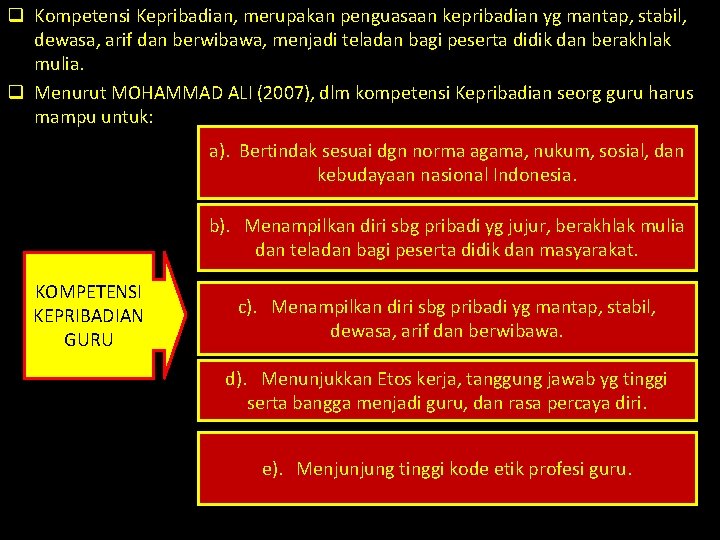 q Kompetensi Kepribadian, merupakan penguasaan kepribadian yg mantap, stabil, dewasa, arif dan berwibawa, menjadi