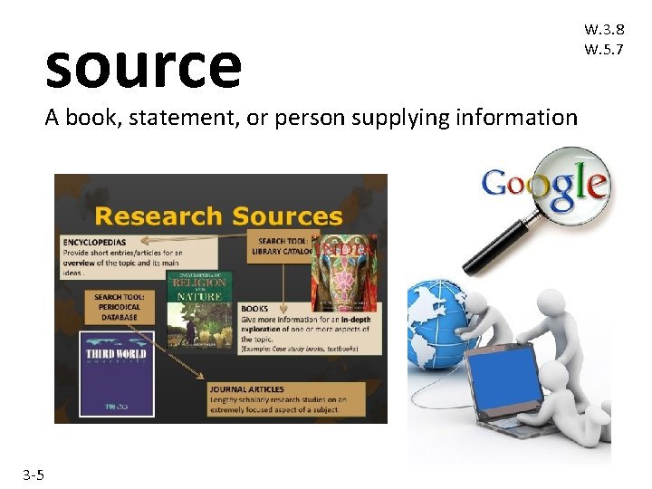 source A book, statement, or person supplying information 3 -5 W. 3. 8 W.