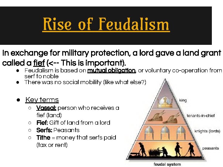 Rise of Feudalism In exchange for military protection, a lord gave a land grant