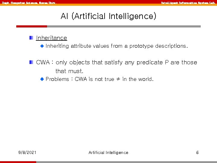 Dept. Computer Science, Korea Univ. Intelligent Information System Lab. AI (Artificial Intelligence) Inheritance Inheriting