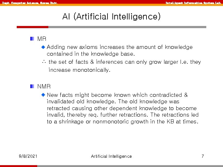 Dept. Computer Science, Korea Univ. Intelligent Information System Lab. AI (Artificial Intelligence) MR Adding