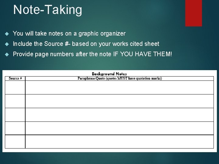 Note-Taking You will take notes on a graphic organizer Include the Source #- based