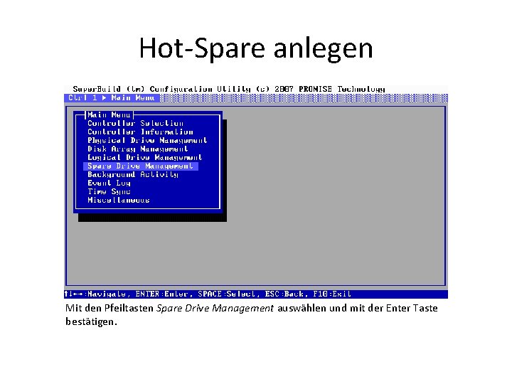 Hot-Spare anlegen Mit den Pfeiltasten Spare Drive Management auswählen und mit der Enter Taste