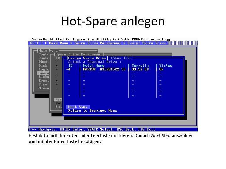 Hot-Spare anlegen Festplatte mit der Enter- oder Leertaste markieren. Danach Next Step auswählen und