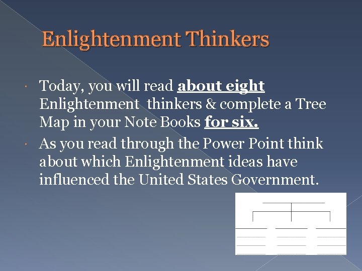 Enlightenment Thinkers Today, you will read about eight Enlightenment thinkers & complete a Tree
