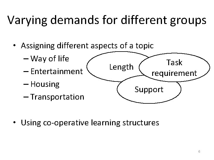 Varying demands for different groups • Assigning different aspects of a topic – Way