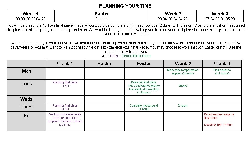 PLANNING YOUR TIME Week 1 Easter Week 2 Week 3 30. 03. 20 -03.