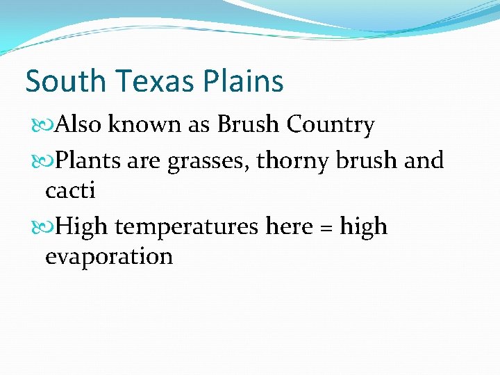 South Texas Plains Also known as Brush Country Plants are grasses, thorny brush and