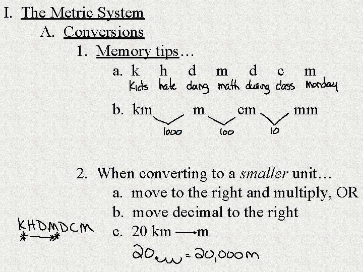 I. The Metric System A. Conversions 1. Memory tips… a. k h d b.