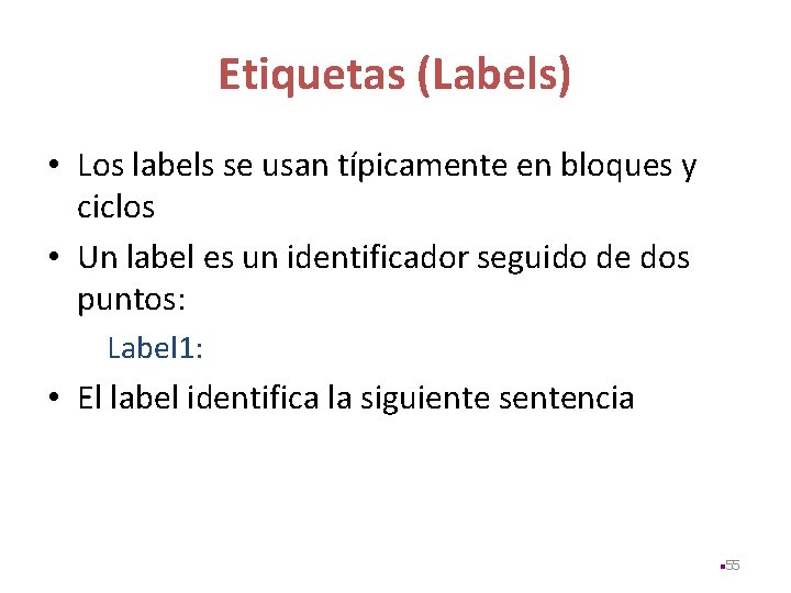 Etiquetas (Labels) • Los labels se usan típicamente en bloques y ciclos • Un