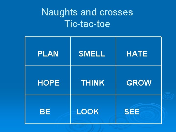 Naughts and crosses Tic-tac-toe PLAN SMELL HATE HOPE THINK GROW BE LOOK SEE 