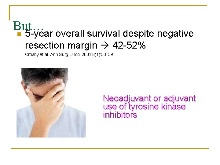 But… n 5 -year overall survival despite negative resection margin 42 -52% Crosby et