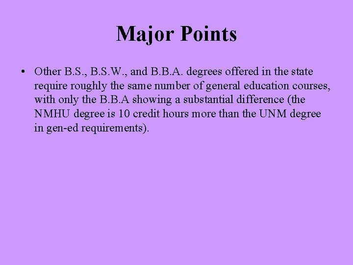 Major Points • Other B. S. , B. S. W. , and B. B.