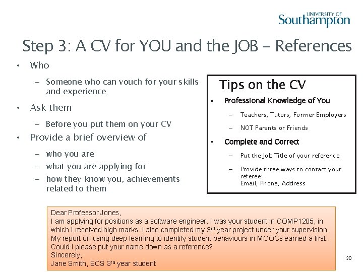 Step 3: A CV for YOU and the JOB - References • Who –