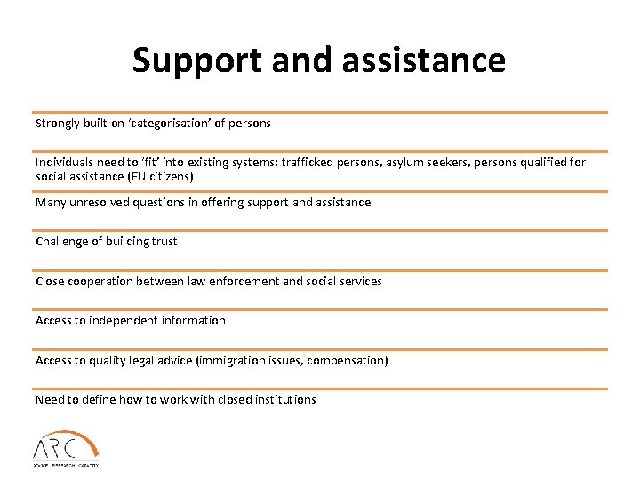 Support and assistance Strongly built on ‘categorisation’ of persons Individuals need to ‘fit’ into