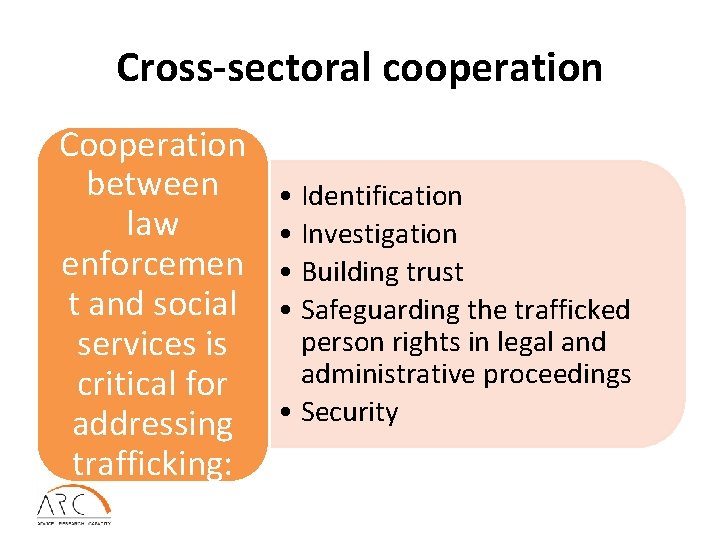 Cross-sectoral cooperation Cooperation between law enforcemen t and social services is critical for addressing