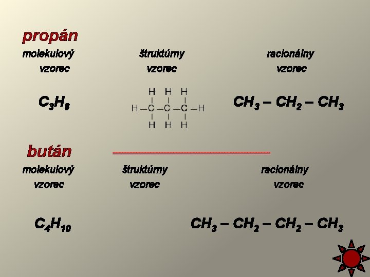 propán molekulový vzorec štruktúrny vzorec C 3 H 8 racionálny vzorec CH 3 –