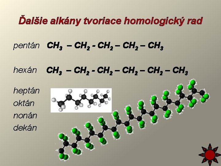 Ďalšie alkány tvoriace homologický rad pentán CH 3 – CH 2 - CH 2