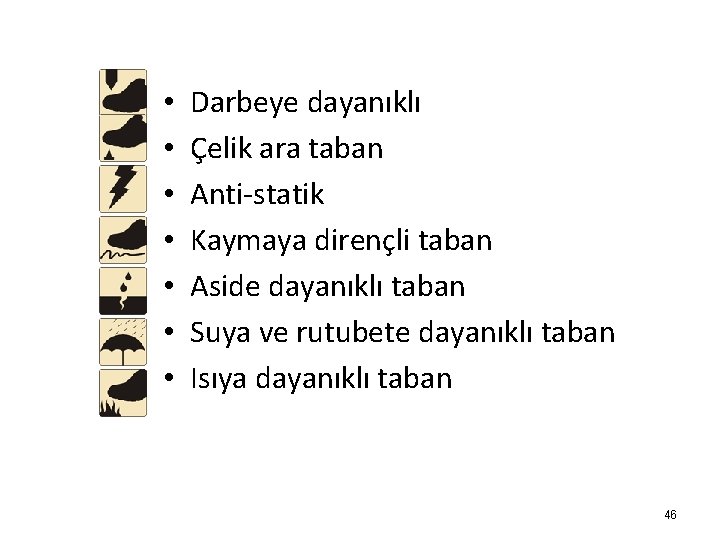  • • Darbeye dayanıklı Çelik ara taban Anti-statik Kaymaya dirençli taban Aside dayanıklı