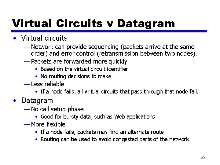 Virtual Circuits v Datagram • Virtual circuits — Network can provide sequencing (packets arrive