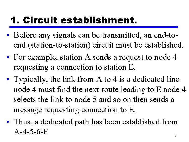 1. Circuit establishment. • Before any signals can be transmitted, an end-toend (station-to-station) circuit