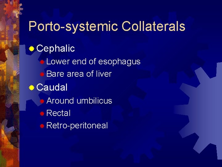 Porto-systemic Collaterals ® Cephalic ® Lower end of esophagus ® Bare area of liver