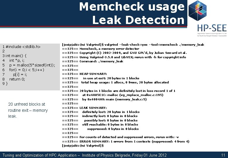 Memcheck usage Leak Detection 1 #include <stdlib. h> 2 3 int main() { 4