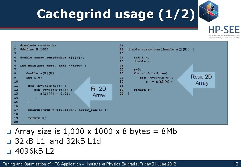 Cachegrind usage (1/2) q q q Array size is 1, 000 x 1000 x