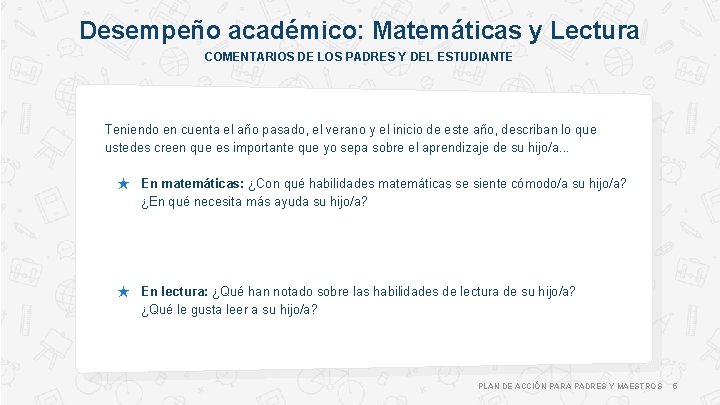 Desempeño académico: Matemáticas y Lectura COMENTARIOS DE LOS PADRES Y DEL ESTUDIANTE Teniendo en